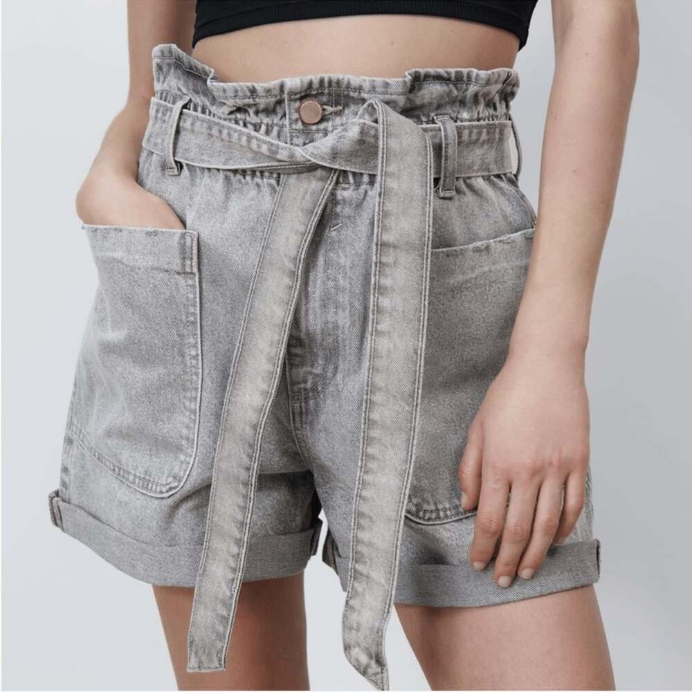 Zara PAPERBAG WAIST DENIM SHORTS GRAY Size 38 (US 6)